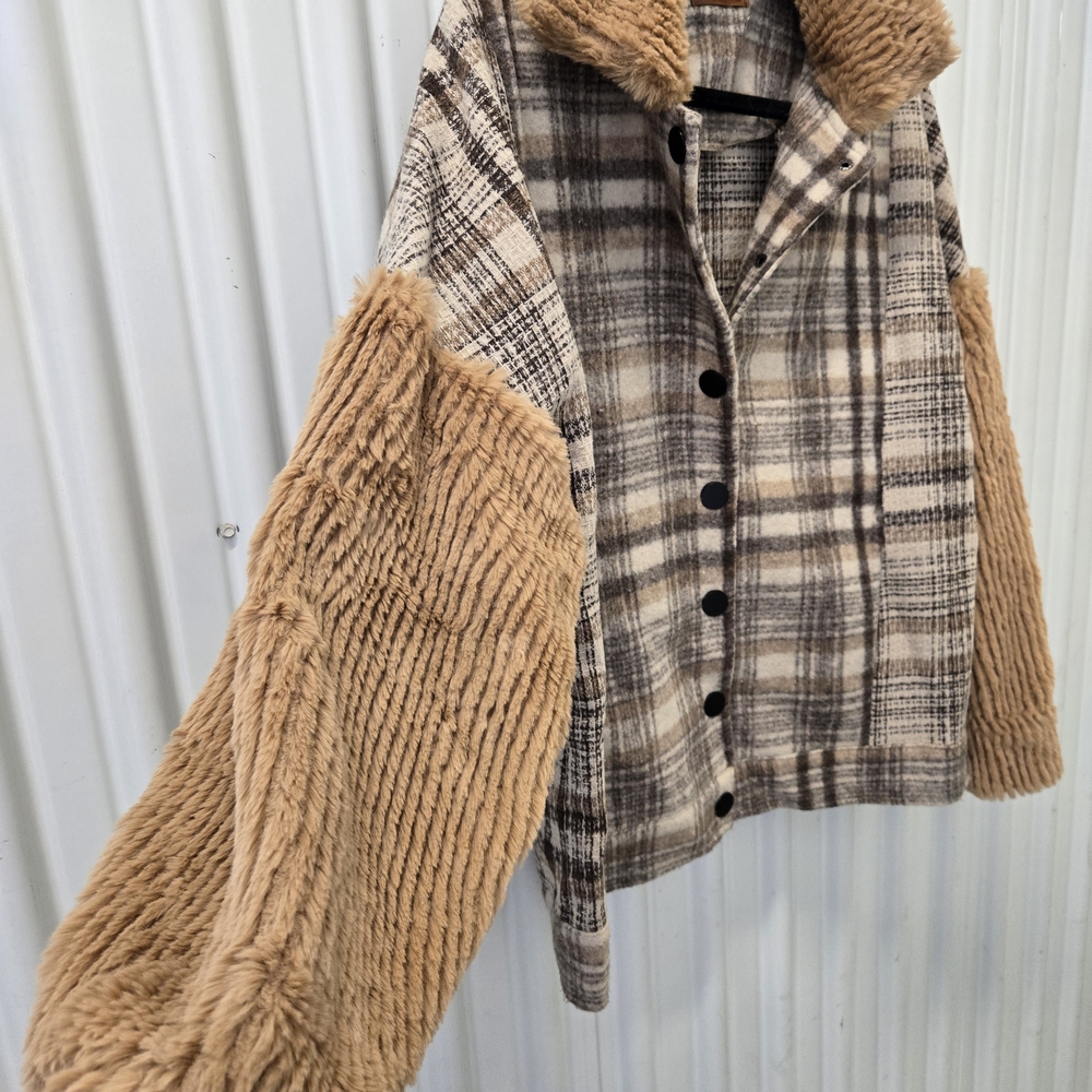 POL Plaid Teddy-Trim Jacket in Brown, Tan and Cream - Picture 3 of 6